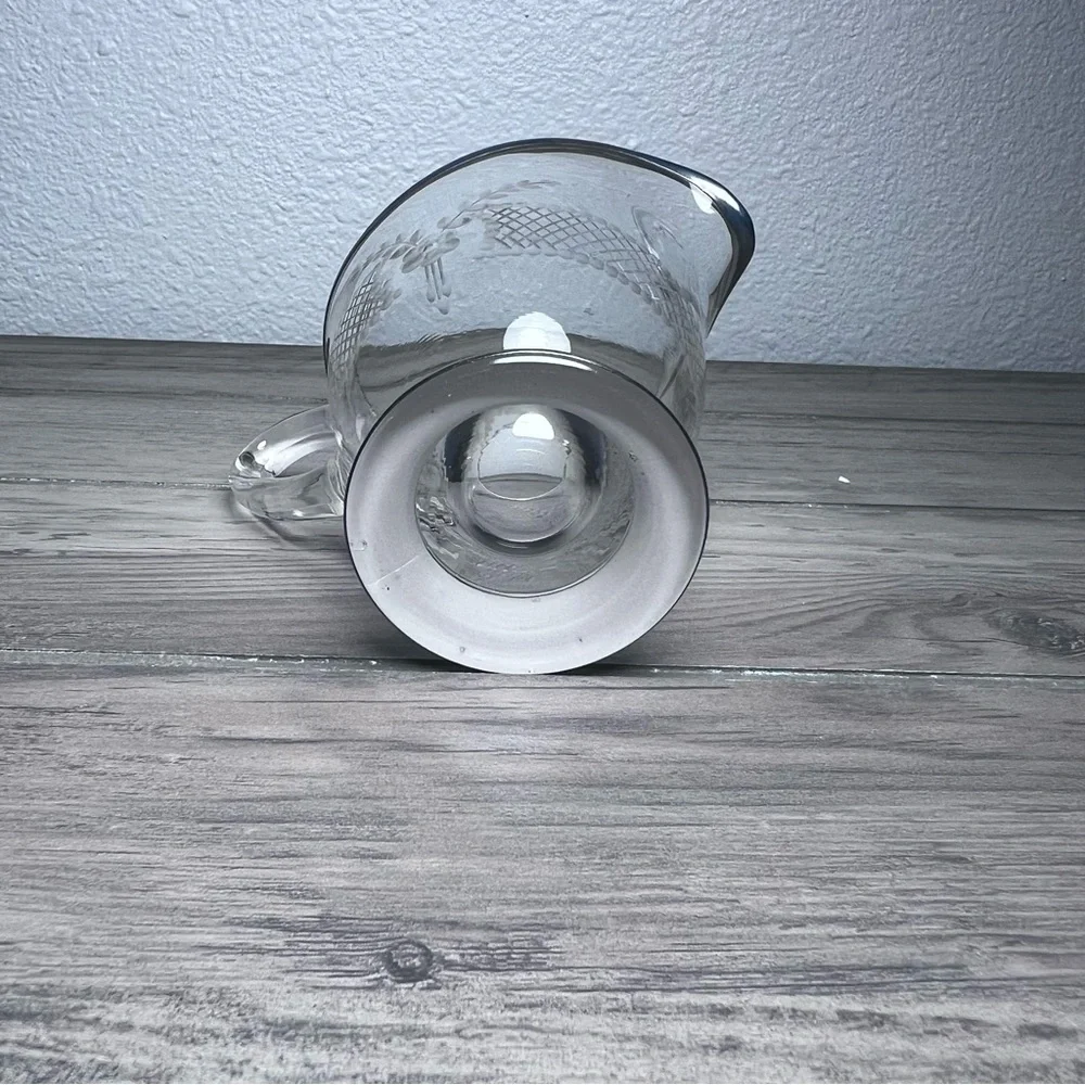Vintage Delicate Etched Glass Creamer Floral & Lattice Pattern‎ Silver Overlay